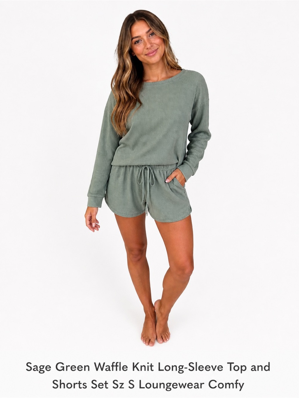Sage Green Waffle Knit Long-Sleeve Top and Shorts Set Sz S Loungewear Comfy